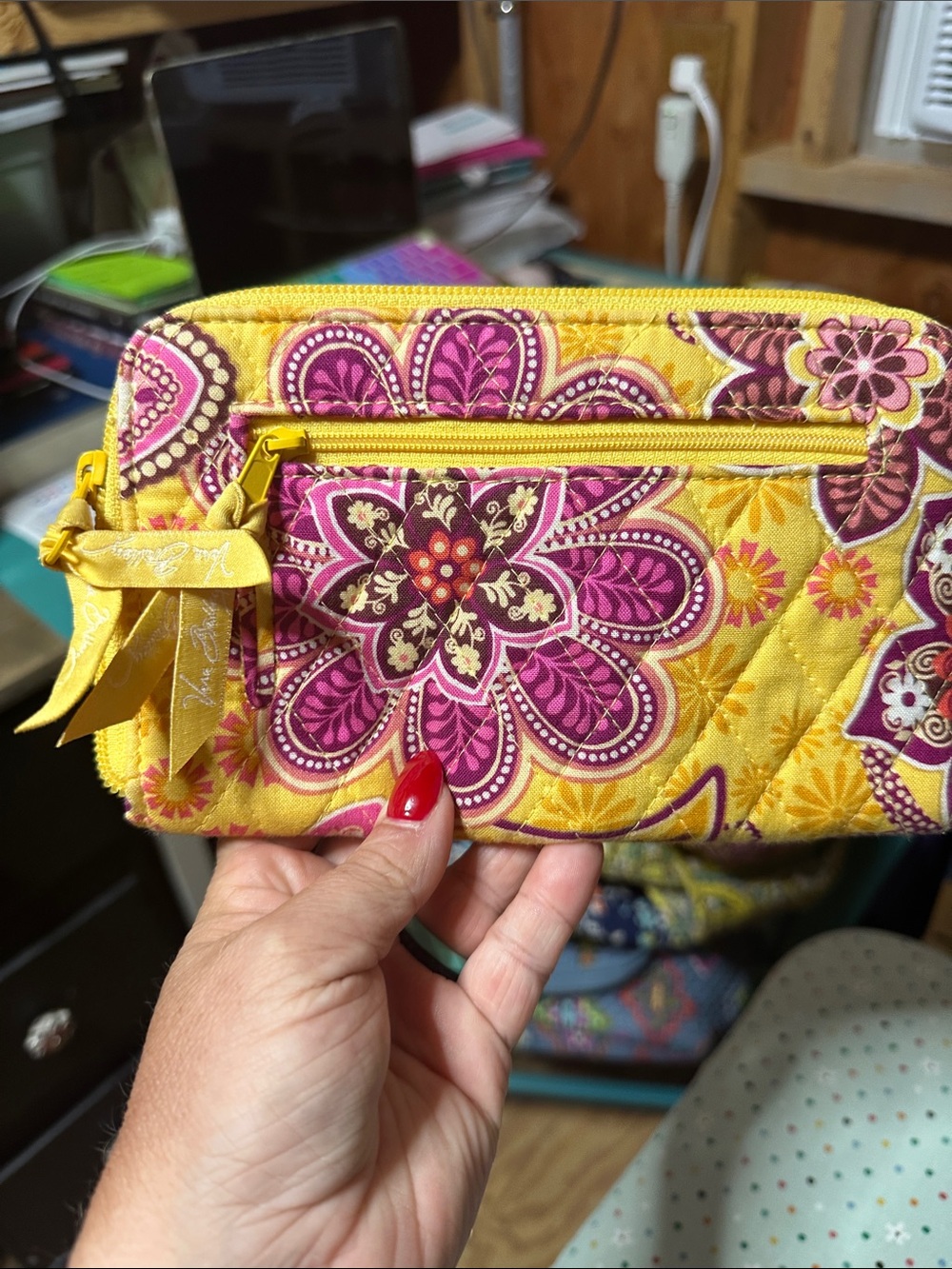Vera Bradley Yellow and Pink Floral Quilted Wristlet Pouch